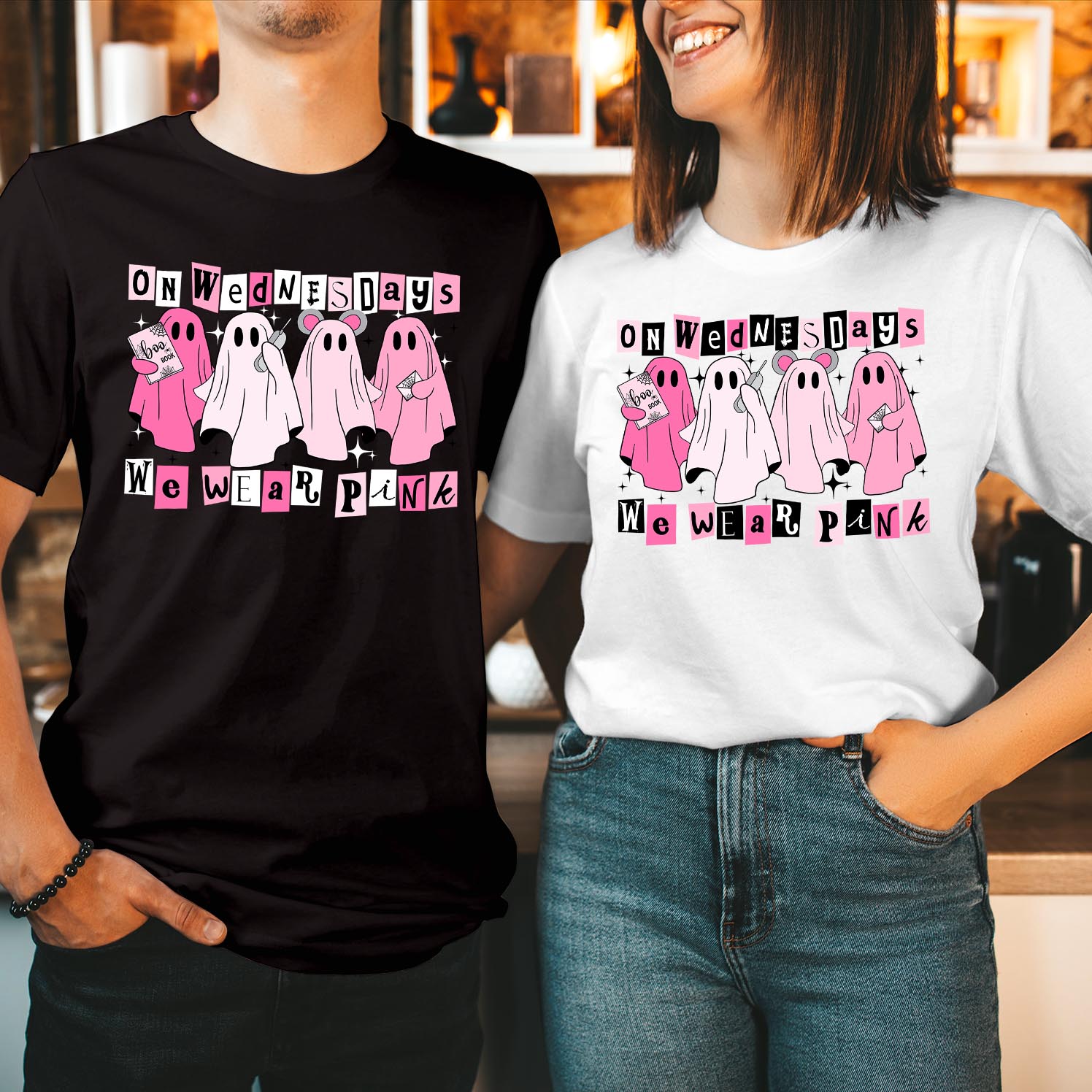 On Wednesday We Wear Pink Ghost Shirt – Cute Spooky Season Ladies Top – Funny Girl Halloween Witch Tee – Boo Ghost Thanksgiving Shirt for Women