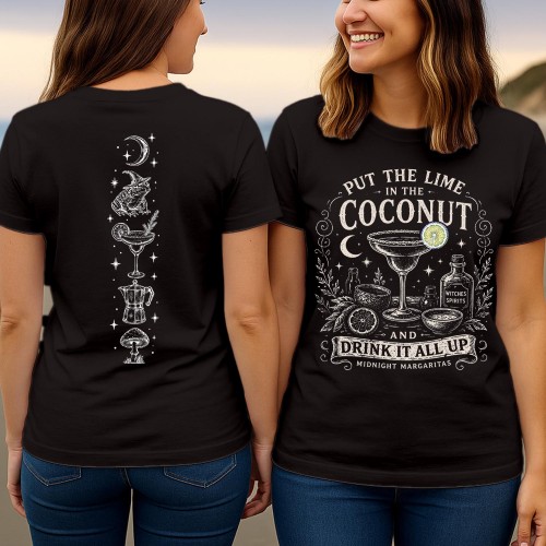 Midnight Margaritas T-Shirt, Front Back Print Cocktail Recipe Halloween Shirt, Put The Lime In The Coconut T-Shirt Midnight Margaritas Witch Unisex Top