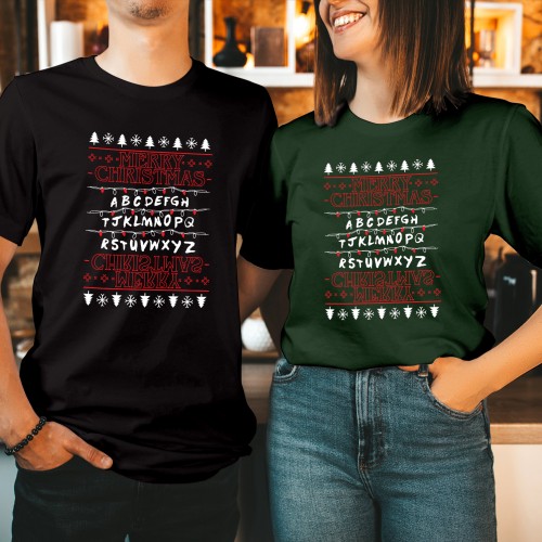 Stranger Lights Christmas T-Shirt – Funny Alphabet Xmas Top for Couples, Men & Women – Novelty Holiday Tee Shirt