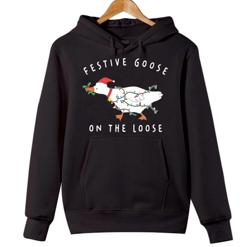 Festive Goose on the Loose Hoodie Funny Christmas Bird Shirt Holiday Waterfowl Gift, Cute Duck Xmas Light Jumper Hoody