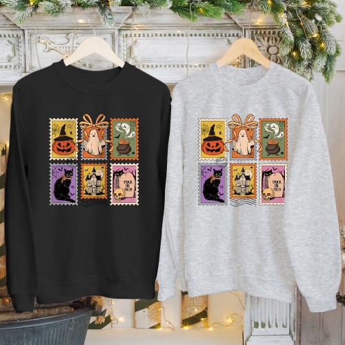 Halloween Stamps T-Shirt, Sweatshirt, Hoodie – Black Cat Pumpkin Ghost Spooky Season Outfit for Men, Women, Kids Parties Top