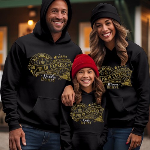 Personalized The Polar Express Family Christmas Hoodie Believe Custom Holiday Hoody Top Xmas Gift Jumper (Youth Hoodie No drawstring)