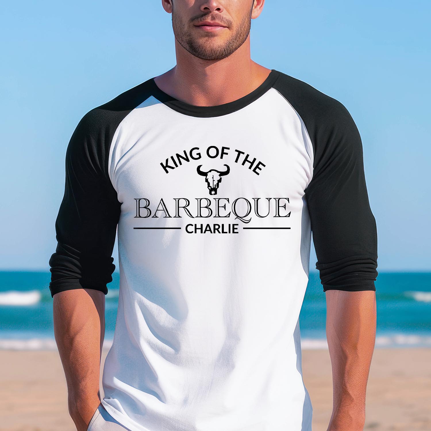 Personalised Baseball Long Sleeve Shirt - King of the Barbeque Custom Name Father's Day Funny Chef Grandpa Dad Birthday T-Shirt
