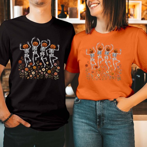Dancing Skeleton Pumpkin Head T-Shirt, Wildflower Meadow Cottagecore Autumn Shirt, Botanical Floral Skeleton Harvest Tee, Spooky Halloween Top