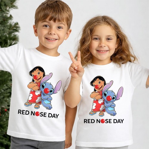 Official Disney Stitch Red Nose Day T-Shirt, Lilo & Stitch Character Charity Clothing, Comic Relief T Shirt & Tops, Kids & Childrens Red Nose Day Tee