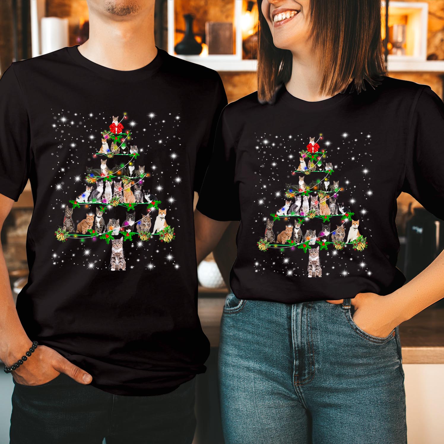 Cats Christmas Tree Ornament Decor Shirt - Cats Kitten Snow Cat Lover Mom Funny Family Holiday Apparel - Xmas Light Tshirt