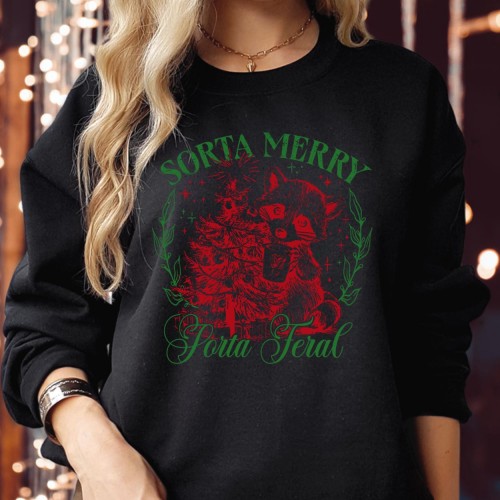 Sorta Merry Sorta Feral Christmas Raccoon Funny Santa Girl Jumper – Festive Family Holiday Season Gift – Unique Xmas Jumper