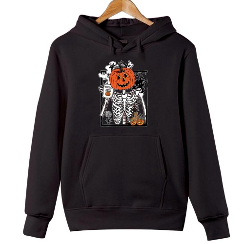 HOODIES (1847) Pumpkin Head Skeleton Drinking Coffee