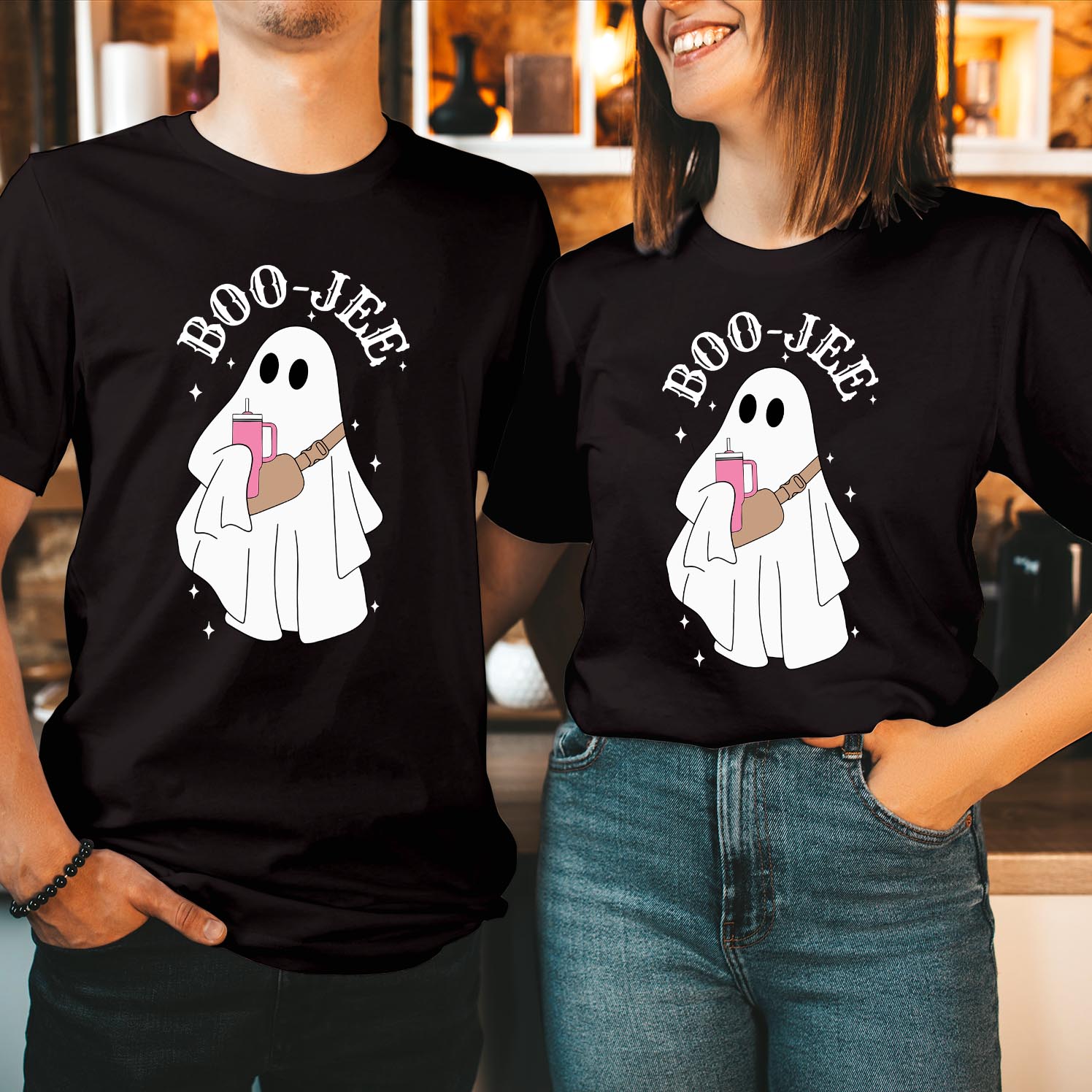 Cute Boo Jee Ghost T-Shirt for Women – Spooky Season Halloween Top with Boo Ghost, Witch, Pumpkin – Autumn Fall Thanksgiving Ladies Funny Tee