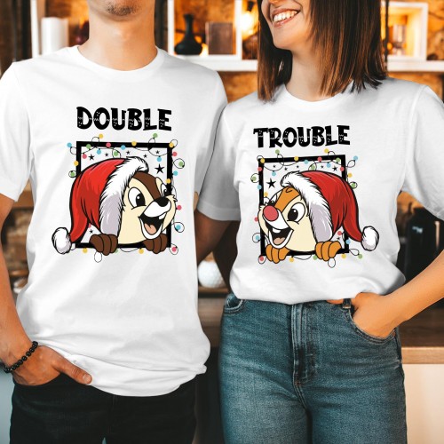 Disney Christmas Chip And Dale T Shirt, Double Trouble Matching Couples Graphic Tee, Cute Santa Hat Cartoon Holiday Colorful Xmas Tops
