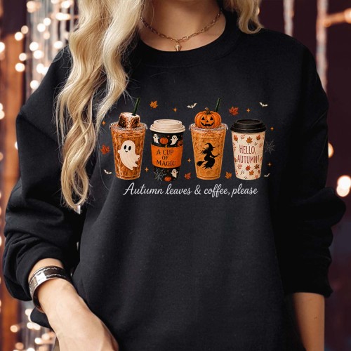 Pumpkin Spice Coffee Sweatshirt Jumper, Autumn Leaves & Coffee Please, Halloween Iced Coffee Ghost Witch Graphic, Cozy Autumn Barista Unisex Top