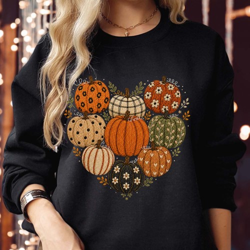 Pumpkin Heart Patterned Gourd Sweatshirt Jumper, Plaid Floral Leopard Harvest Autumn Print, Thanksgiving Pumpkin Patch, Boho Fall Love Heart Unisex Top