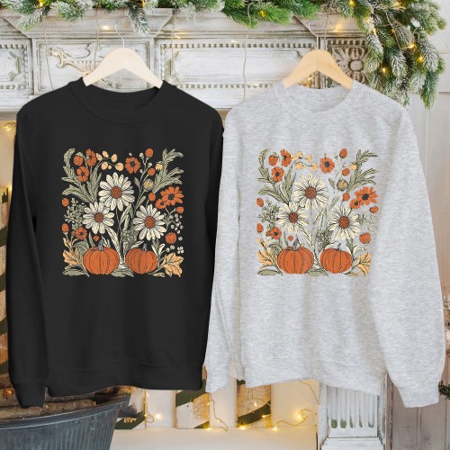 Floral Pumpkin Halloween T-Shirt, Sweatshirt, Hoodie – Fall Flower Autumn Leaves, Thanksgiving, Cottagecore Pumpkin Gift Shirt