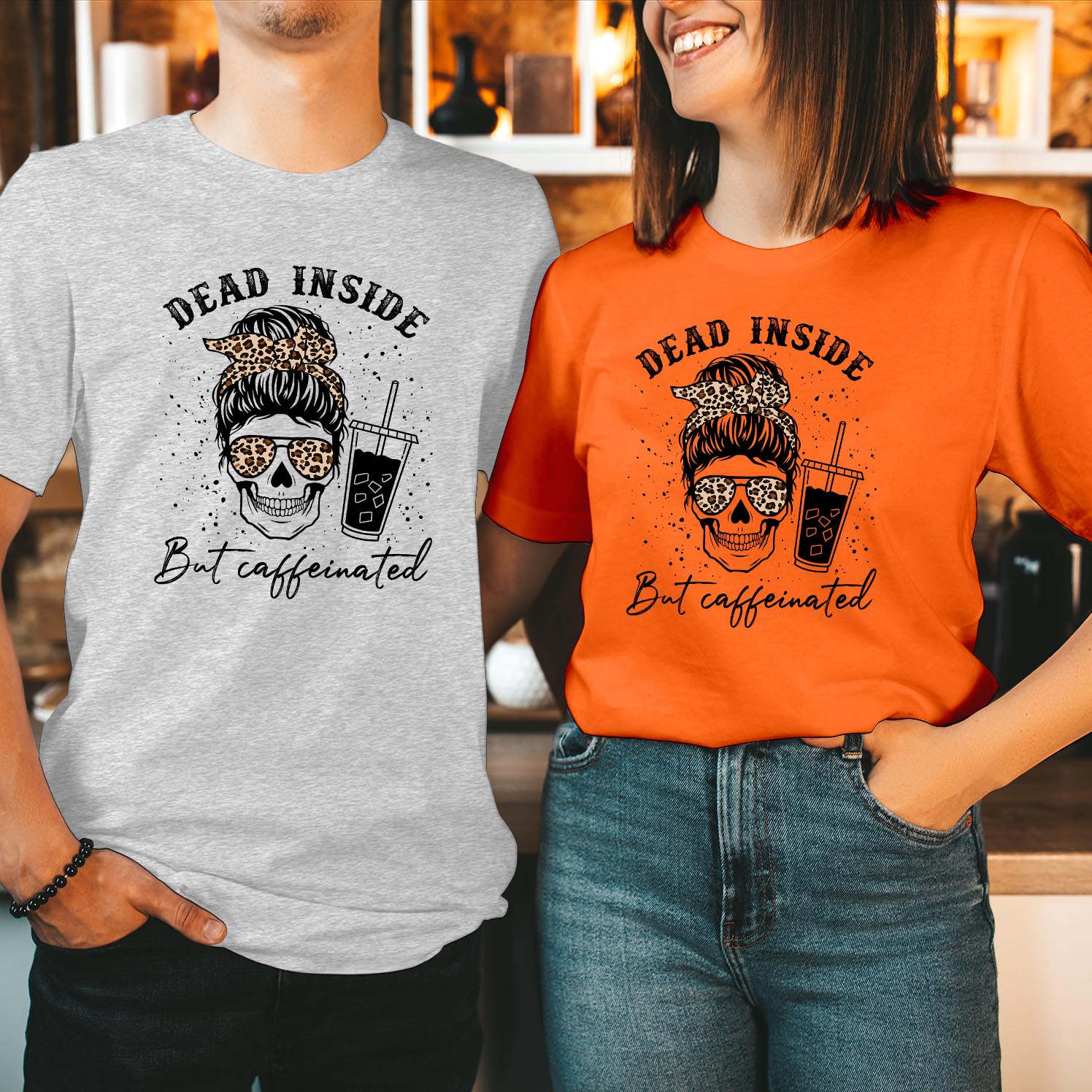 Dead Inside But Caffeinated Halloween T-Shirt Trendy Messy Mom Bun Skull Skeleton Leopard Print Coffee Cup Spooky Season Coffee Lovers Women's T Shirt