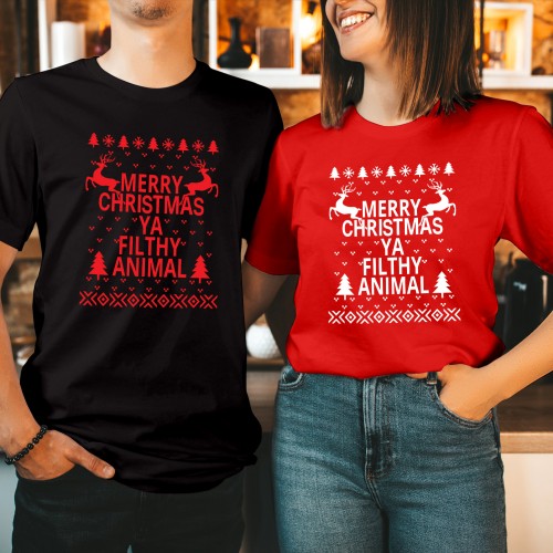 Merry Christmas Ya Filthy Animal T-Shirt Ugly Xmas Movie Graphic Tee Retro Holiday Reindeer Apparel Festive Merchandise Birthday Gift Top
