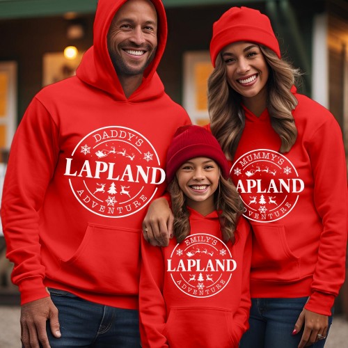 Personalised Lapland 2026 Family Matching Hoodie, Custom Christmas Badge Holiday Jackets, Festive Xmas Circular Stamp Hooded Jumper