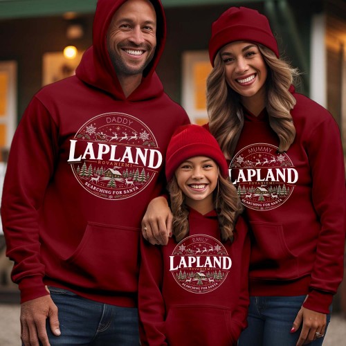 Personalised Lapland 2026 Family Matching Hoodie, Custom Christmas Badge Holiday Jackets, Festive Xmas Circular Stamp Hooded Jumper