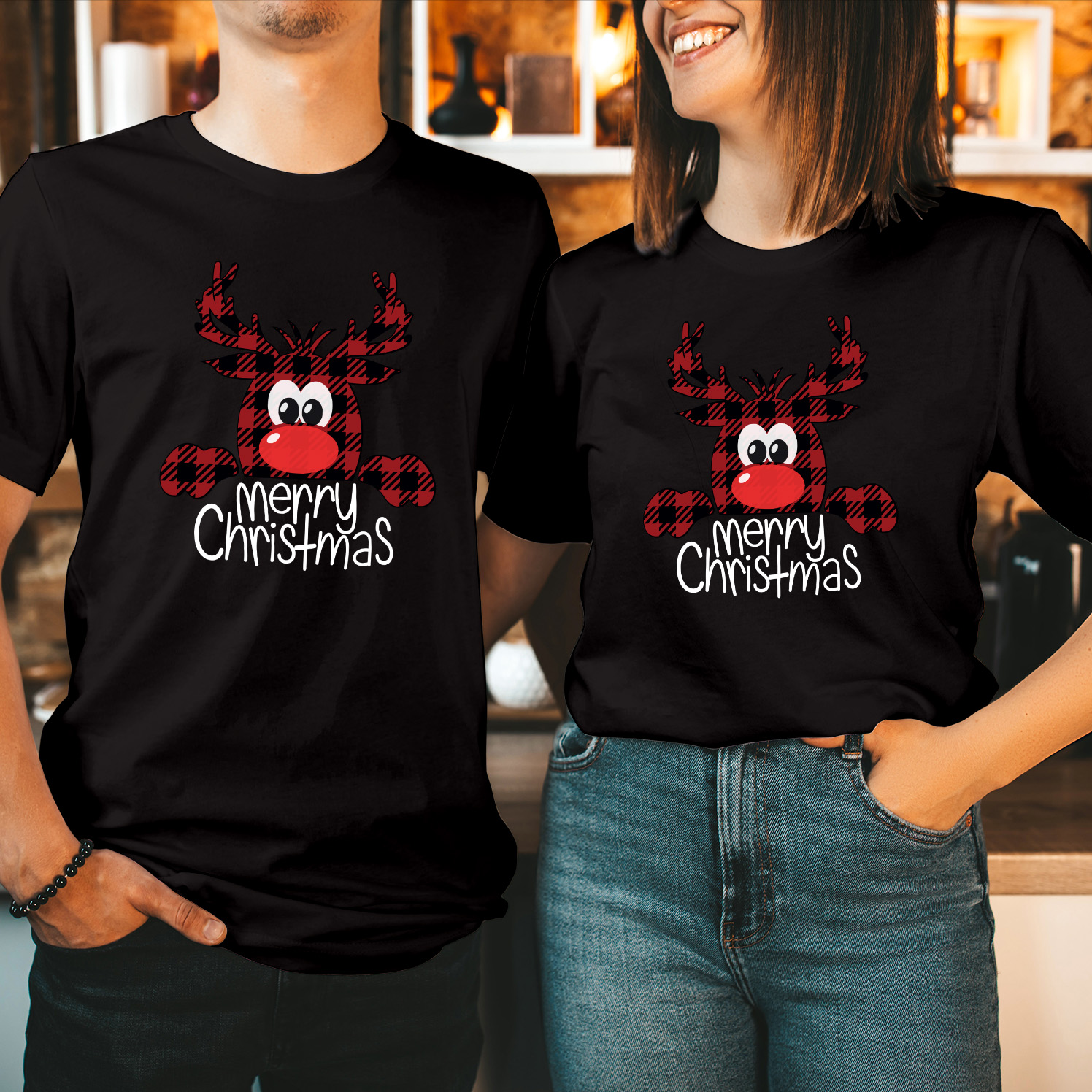 Merry Christmas Buffalo Plaid Peeping Reindeer T-Shirt