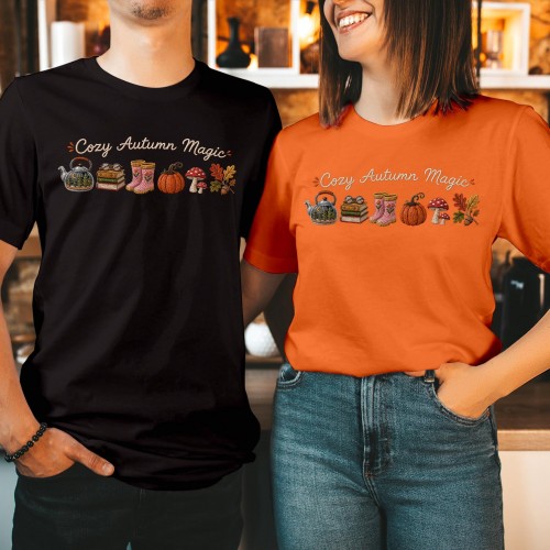 Cozy Autumn Magic T-Shirt Cute Books Pumpkin Teapot Leaves Graphic Unisex Tee