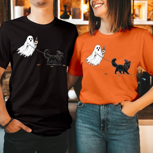 Ghost Walking Black Cat T-Shirt Coffee Pumpkin Spice Halloween Unisex Tee