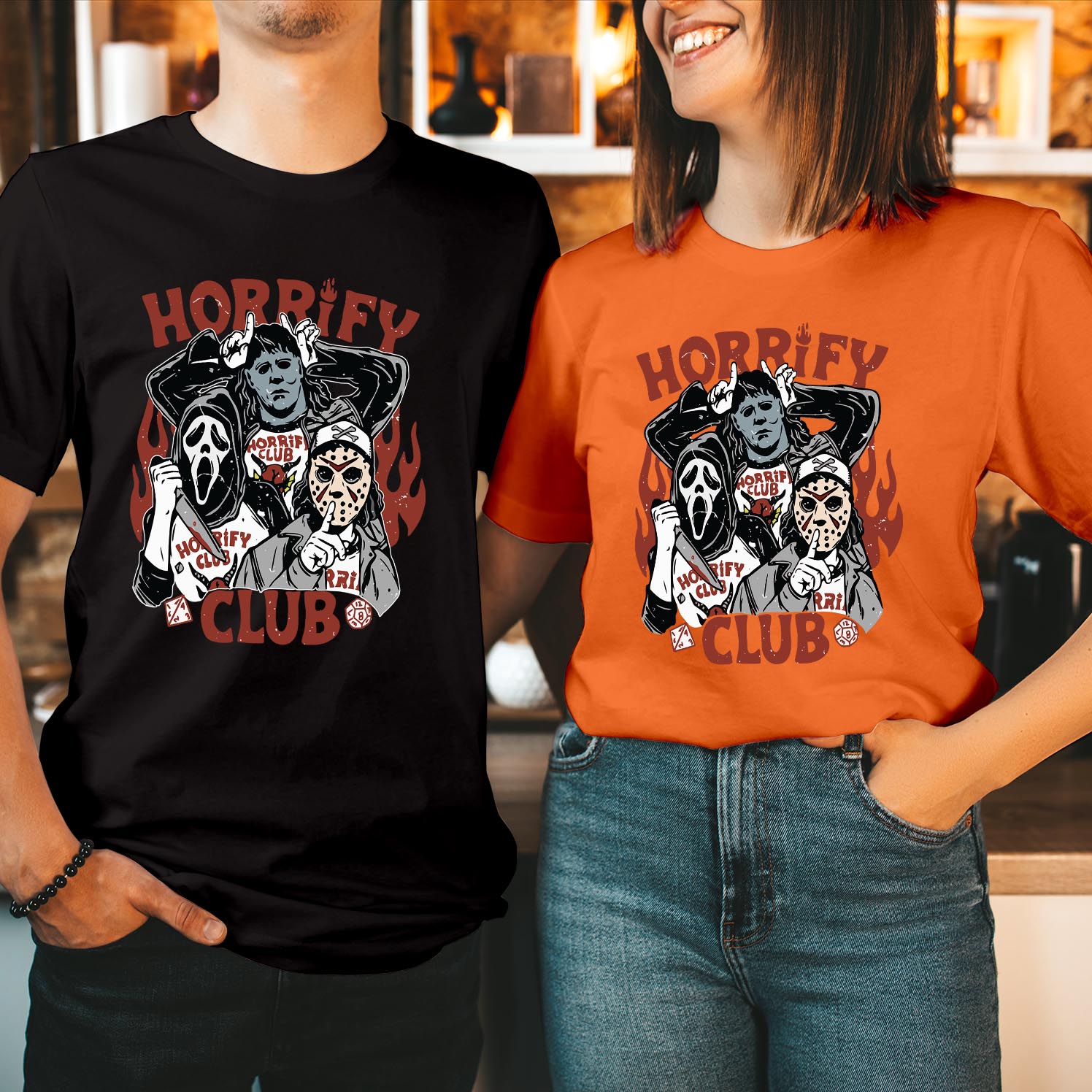 Horrify Club Halloween Horror Characters Movie T-Shirt Scream, Jason Voorhees, Freddy Krueger Tee Classic Horror Movie Fan Apparel for Adults and Teens T Shirt