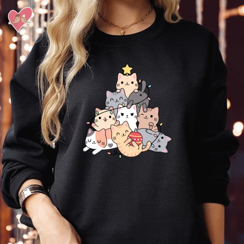 Christmas Tree Cats Funny Sweatshirt – Festive Holiday Apparel for Cat Lovers – Cozy Xmas Sweatshirt for Women and Men