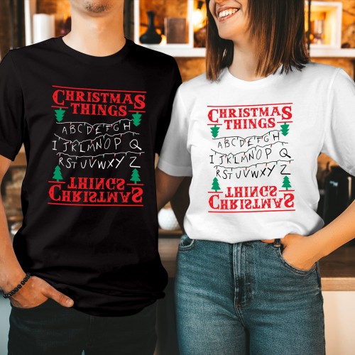 Christmas Stranger Things Lighting T-Shirt, Funny Upside Down Tree Tee, Cute Matching Family Outfits Winter Graphic Alphabet Xmas Wall Top