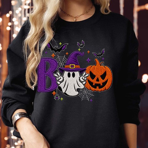 BOO Halloween Sweatshirt | Ghost Peace Sign Witch Hat Pumpkin Jumper