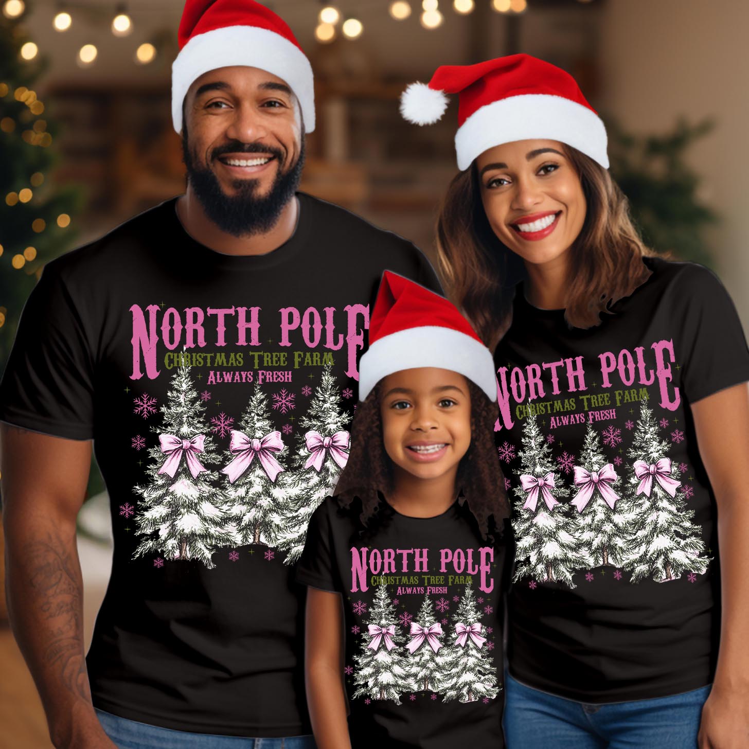 North Pole Christmas Tree Farm Family Shirts, Pink Coquette Bow Holiday Tee, Cute Xmas Photo Outfit Gift for Her, Lapland Xmas Shirt
