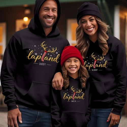 Personalised Lapland 2026 Family Matching Christmas Hoodie, Custom Gold Glitter Print Reindeer Antlers Scarf Holiday Jackets, Men Women Kids Unisex Jumper