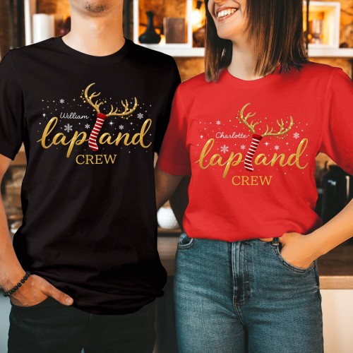 Personalised Lapland Crew Family Matching Christmas Shirt, Custom Gold Glitter Script Reindeer Antlers Sock Holiday Trip T-Shirts Xmas Tops