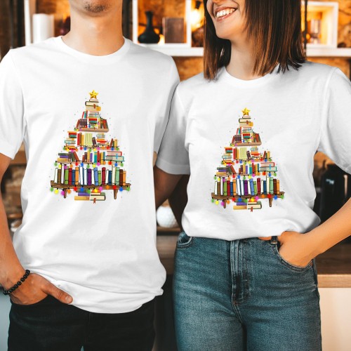 Book Lover Christmas Tree T Shirt, Funny Literary Bookworm Librarian Graphic Tee, Winter Matching Couples Family Holiday Gift Present Top