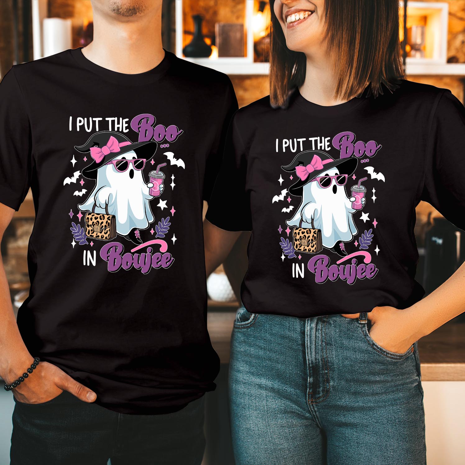 I Put The Boo in Boujee Ghost T-Shirt – Spooky Season Boo Ghost Witch Pumpkin Autumn Fall Thanksgiving Tee for Women