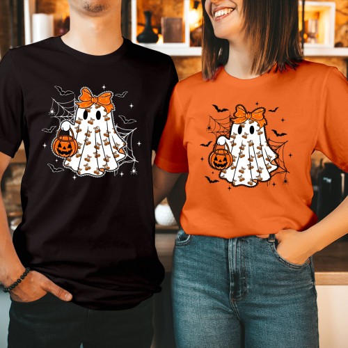 Cute Ghost Halloween T-Shirt, Retro Spooky Season Tee with Pumpkin, Trick or Treat Shirt, Matching Halloween Couple T Shirts
