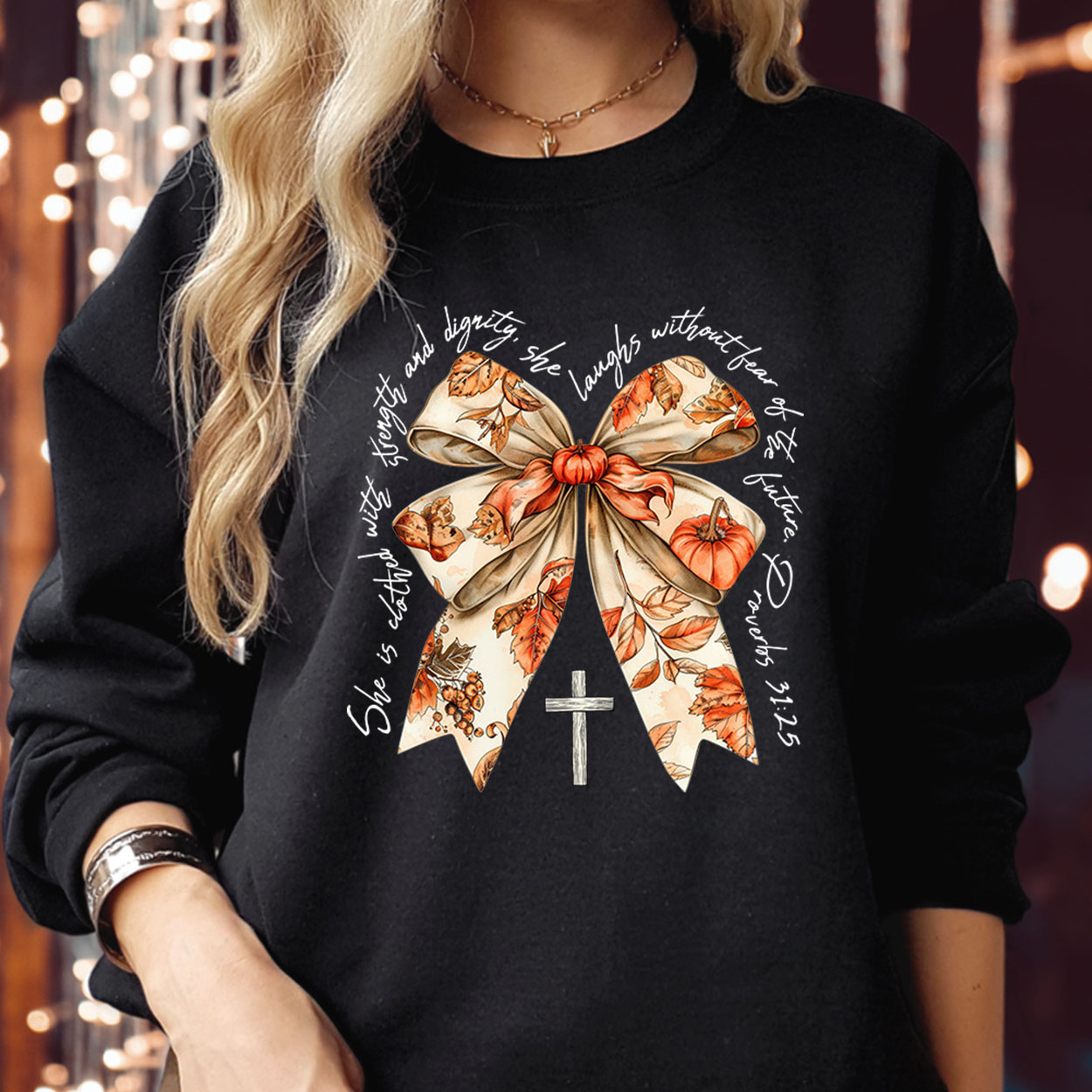 Proverbs She is Clothed with Strength Jumper – Coquette Bow Autumn Vibes Fall for Jesus, Spooky Season Thanksgiving Christian Halloween Jumper for Women