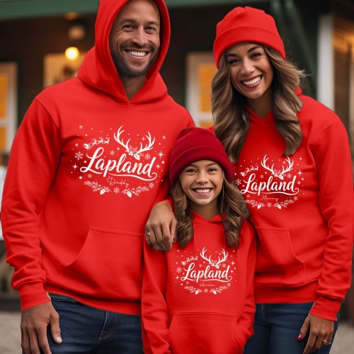 Personalised Lapland 2026 Family Matching Christmas Hoodie, Custom Reindeer Antlers Santa Sleigh Wreath Holiday Group Jackets, Men Women Kids Unisex Jumper