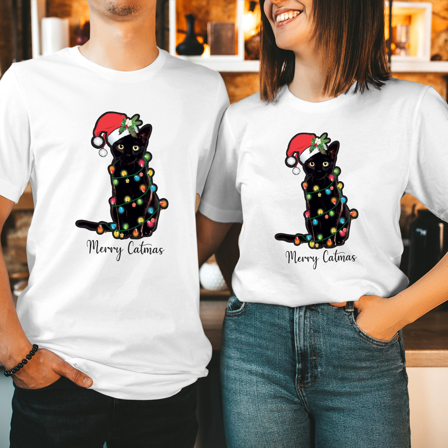 Merry Catmas Santa Cat Tangled Up in Christmas Lights T-Shirt