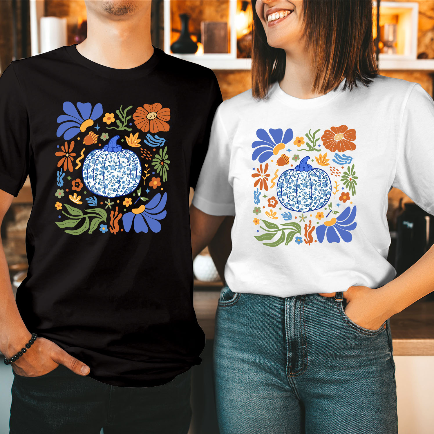 Blue Floral Pumpkin Boho Fall Mama Mummy Autumn Vibes Chinoiserie, Spooky Season Thanksgiving Happy Halloween T Shirt