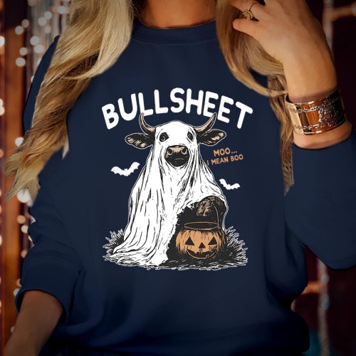 Bullsheet Halloween Sweatshirt, Funny Ghost Cow Jumper, Cute Retro Spooky Moo I Mean Boo Pullover, Vintage Fall Graphic Lounge Crewneck Top