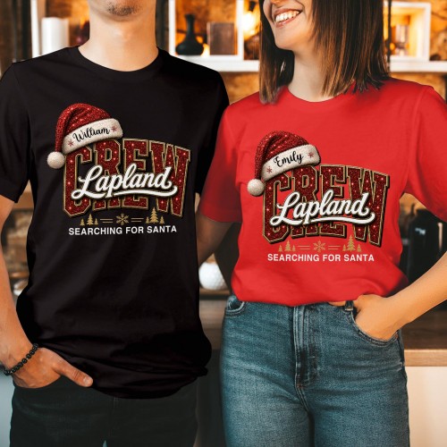 Personalised Lapland Crew Family Matching Christmas Shirt, Custom Red Glitter Effect Block Lettering Family Holiday Trip Xmas T-Shirts Tops