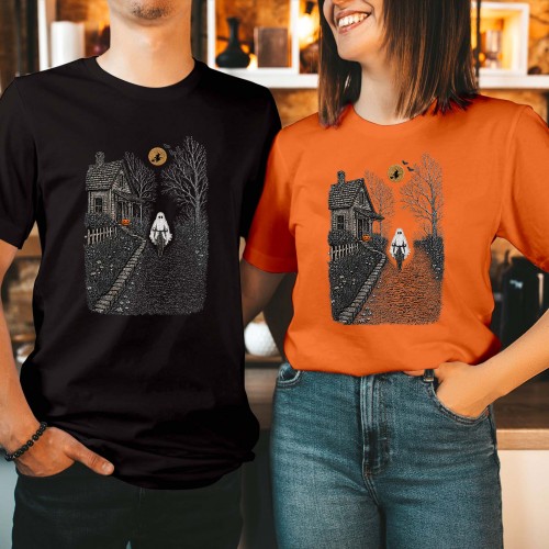 Ghost Riding Bicycle T-Shirt, Spooky Cottage Country Lane Halloween Shirt, Full Moon Flying Witch Pumpkin Tee, Vintage Linocut Graphic Top
