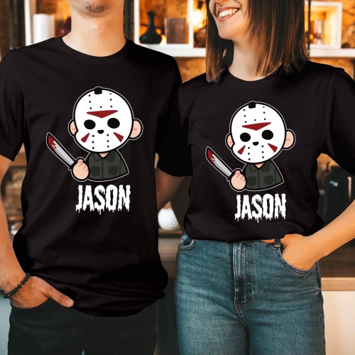 Jason Horror T-Shirt – Cute Friday the 13th Graphic Tee with Cartoon Mask & Machete Design for Halloween & Scary Movie Fans