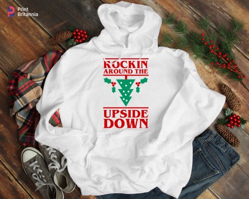 Rockin Around The Upside Down Christmas Hoodie, Funny Sci-Fi Retro 80s Holiday Jumper, Cute Matching Family Outfits Winter Graphic Xmas Sweatshirt