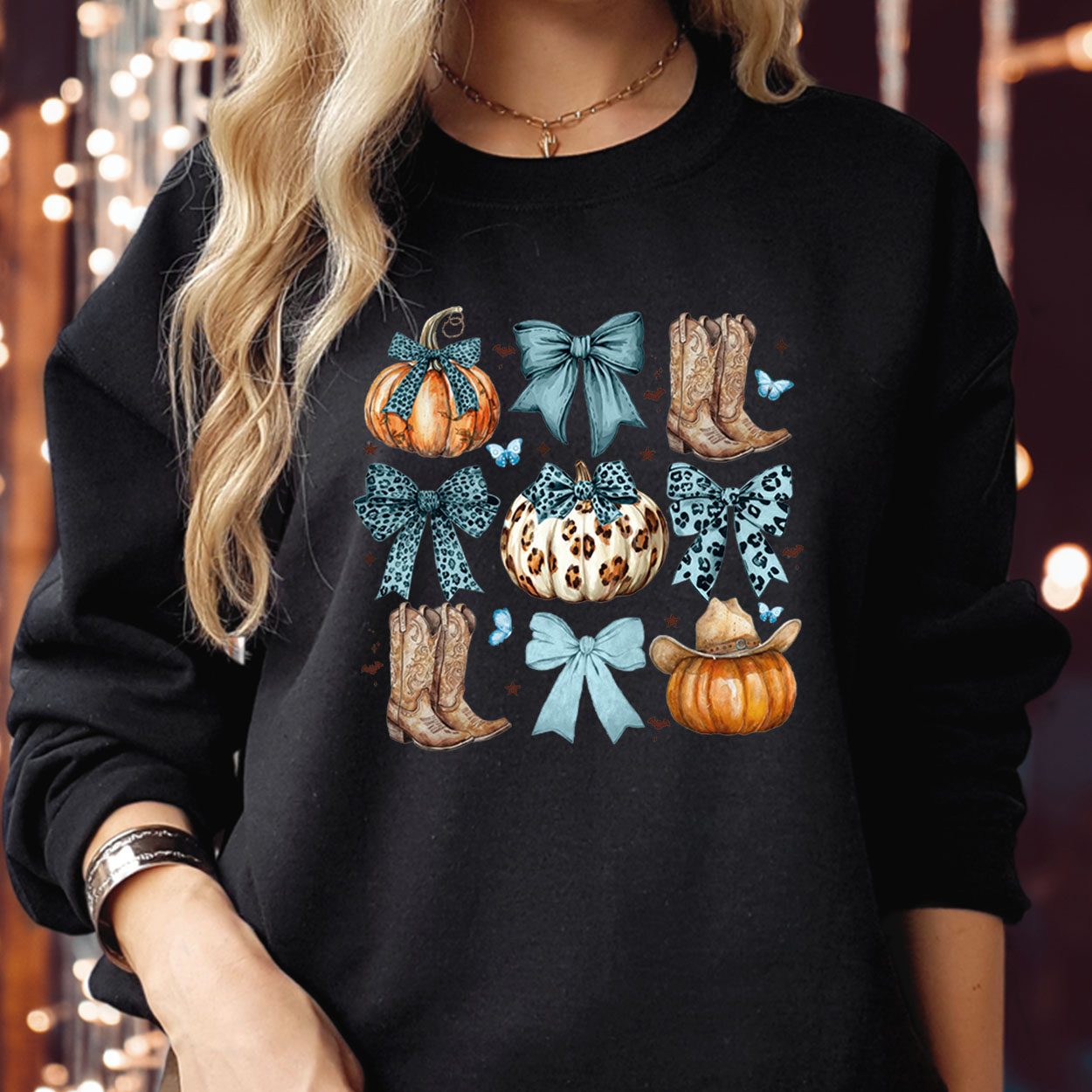 Howdy Fall Western Pumpkin Cowhide Coquette Bow Jumper, Spooky Season Boo Ghost Witch, Autumn Thanksgiving Halloween Sweater