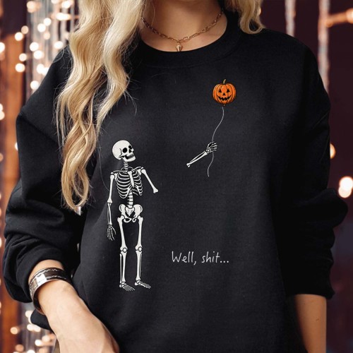 Well Shit Skeleton Pumpkin Balloon Sweatshirt Funny Detached Arm Halloween Jumper