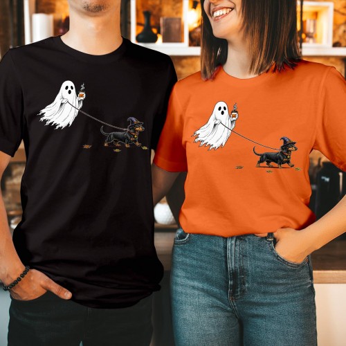 Ghost Walking Dachshund T-Shirt Coffee Pumpkin Spice Halloween Unisex Tee