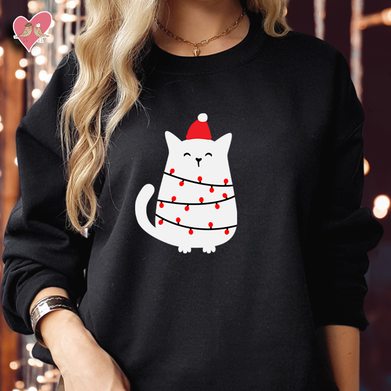 Cat Wearing Santa Hat Christmas Lights Sweatshirt