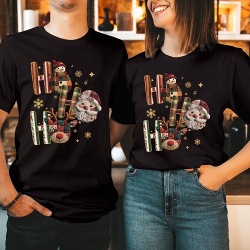 Vintage HO HO HO Christmas T-Shirt Retro Patchwork Santa Reindeer Snowman Top Funny Plaid Holiday Graphic Xmas Tee