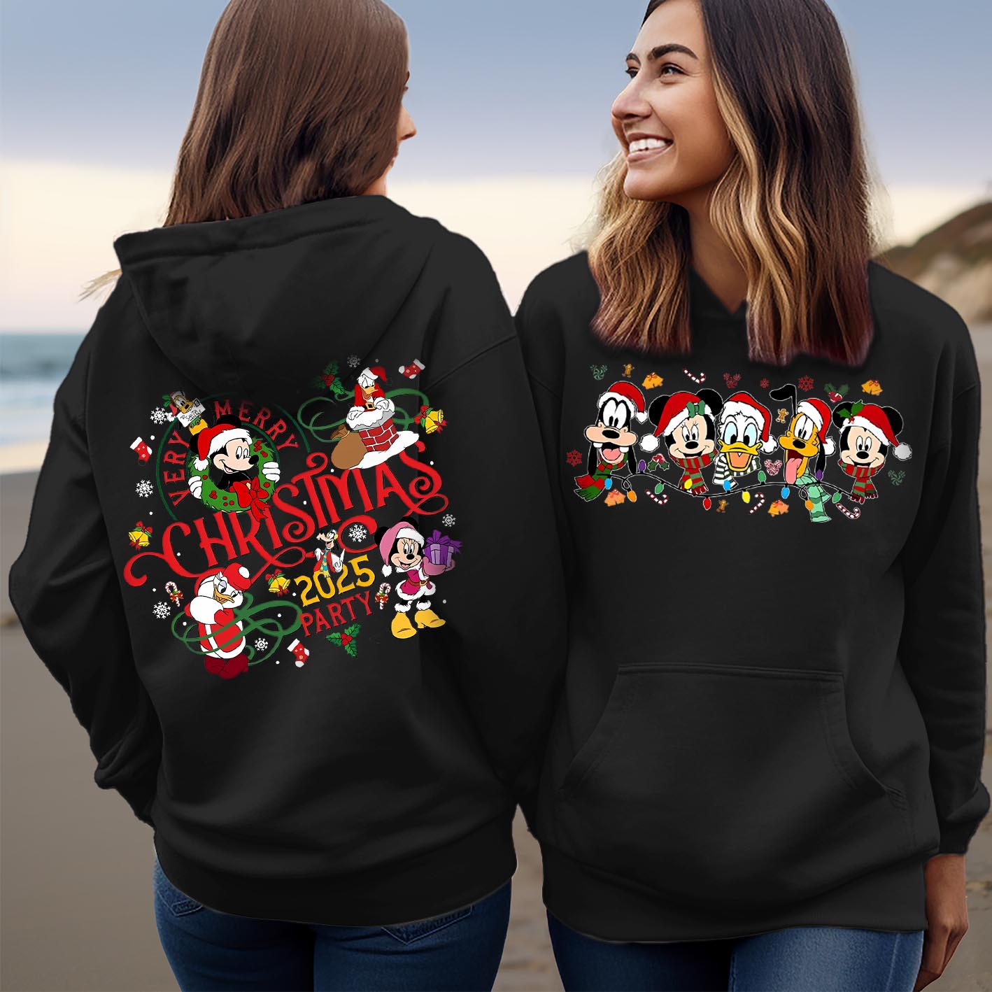 Very Merry Christmas Party Hoodie, Mickey And Friends Christmas Matching Top Disney Xmas Family Holiday Minnie Hoody FRONT & BACK Hoodie