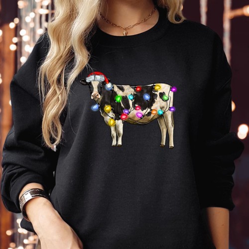 Christmas Heifer Santa Hat Sweatshirt – Cute Cow Lovers Xmas Jumper with Lights and Matching Family Decor